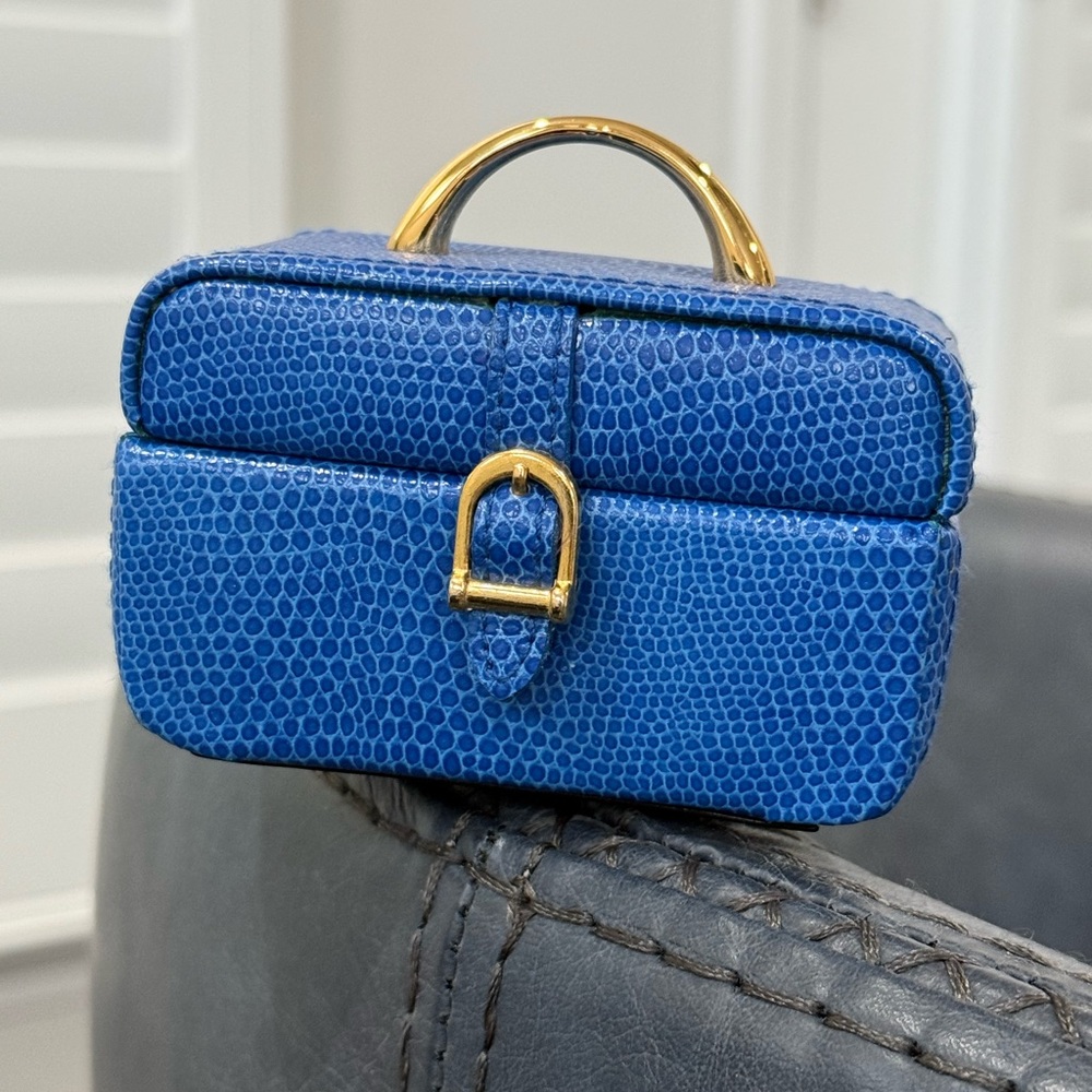 Blue Textured Mini Jewelry Box With Mirror